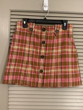 Maeve by Anthropologie Plaid Button-Front Mini Skirt in Pink and Brown